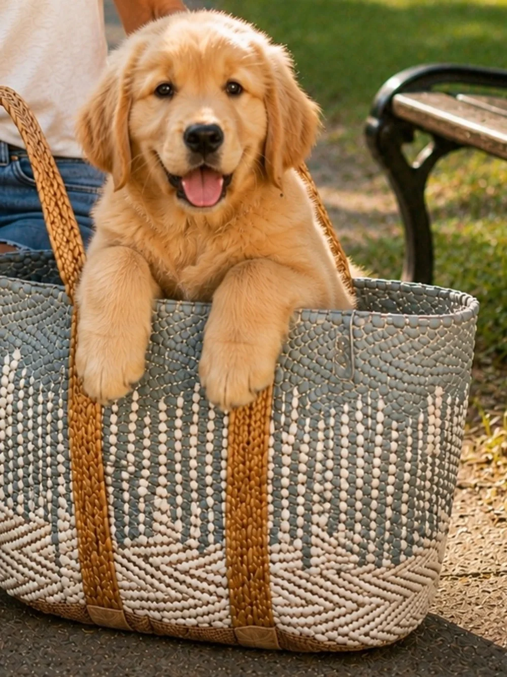 POL Woven Straw Tote Bag in Light Blue and Natural